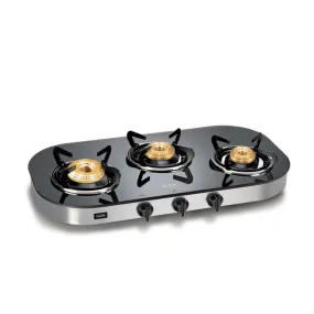 3 Burner Black Glass Gas Stove with High Flame Brass Burner (1036GT) - Manual/ Auto Ignition