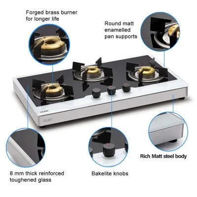 3 Burner Free Standing Glass Hob Forged Brass Burner with Flame Failure Device Auto Ignition (1073 FSFBBWFFDAI)