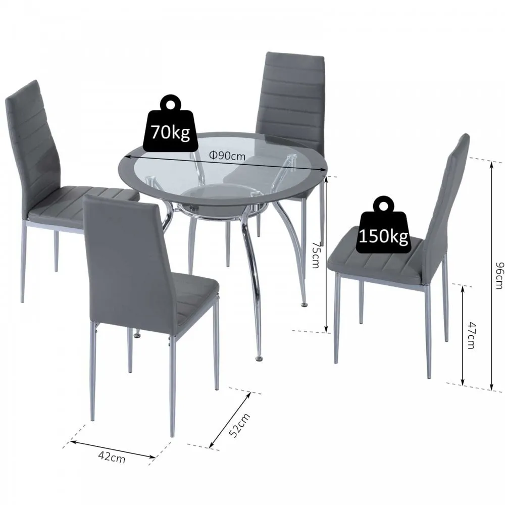 5Pcs Tempered Glass Metal Dining Set Table Chairs Contemporary Modern Furniture-Grey