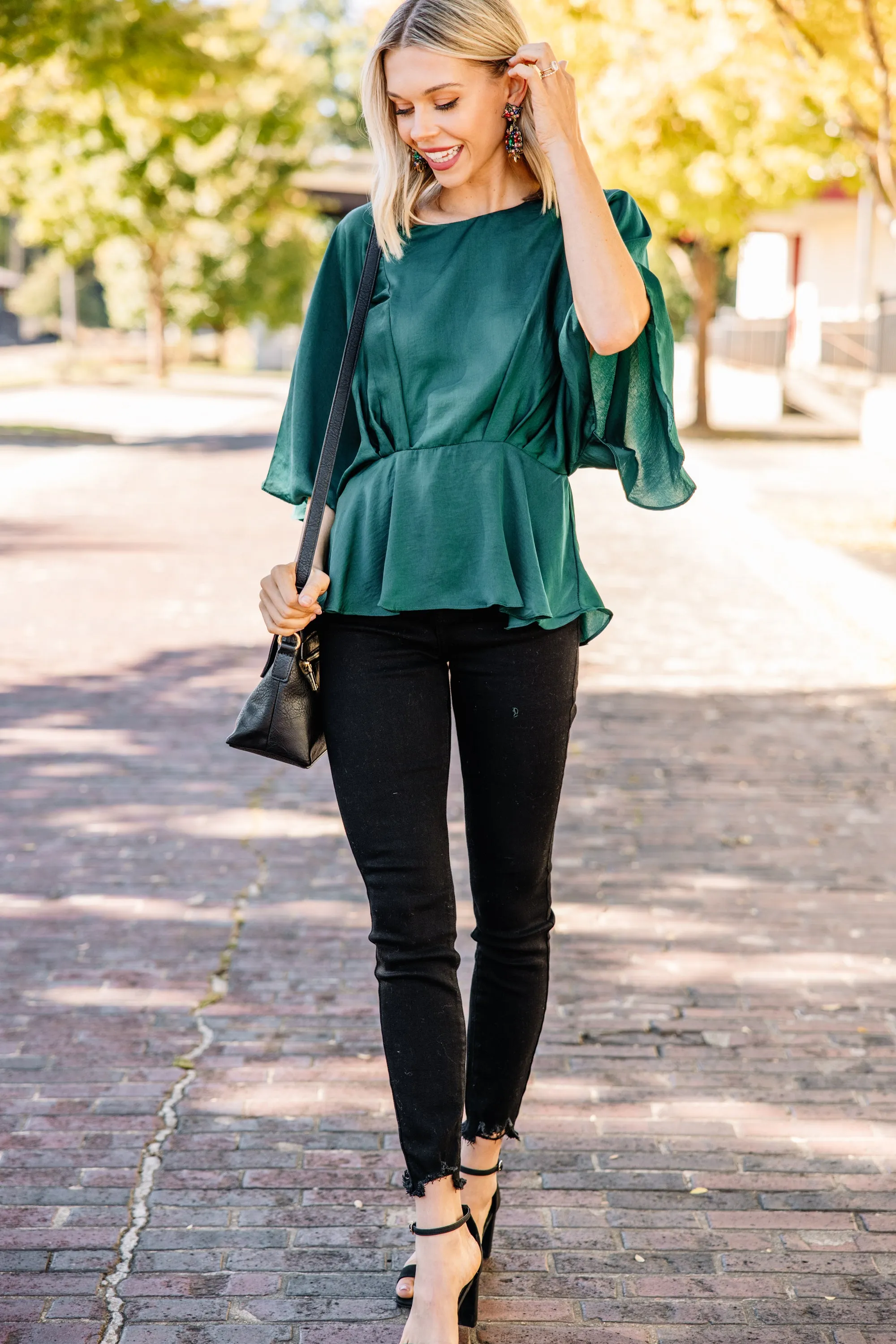 All Instinct Forest Green Satin Blouse