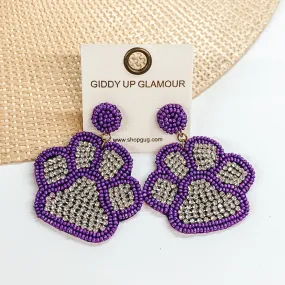 Beaded Paw Print Earrings with Clear Crystals in Purple