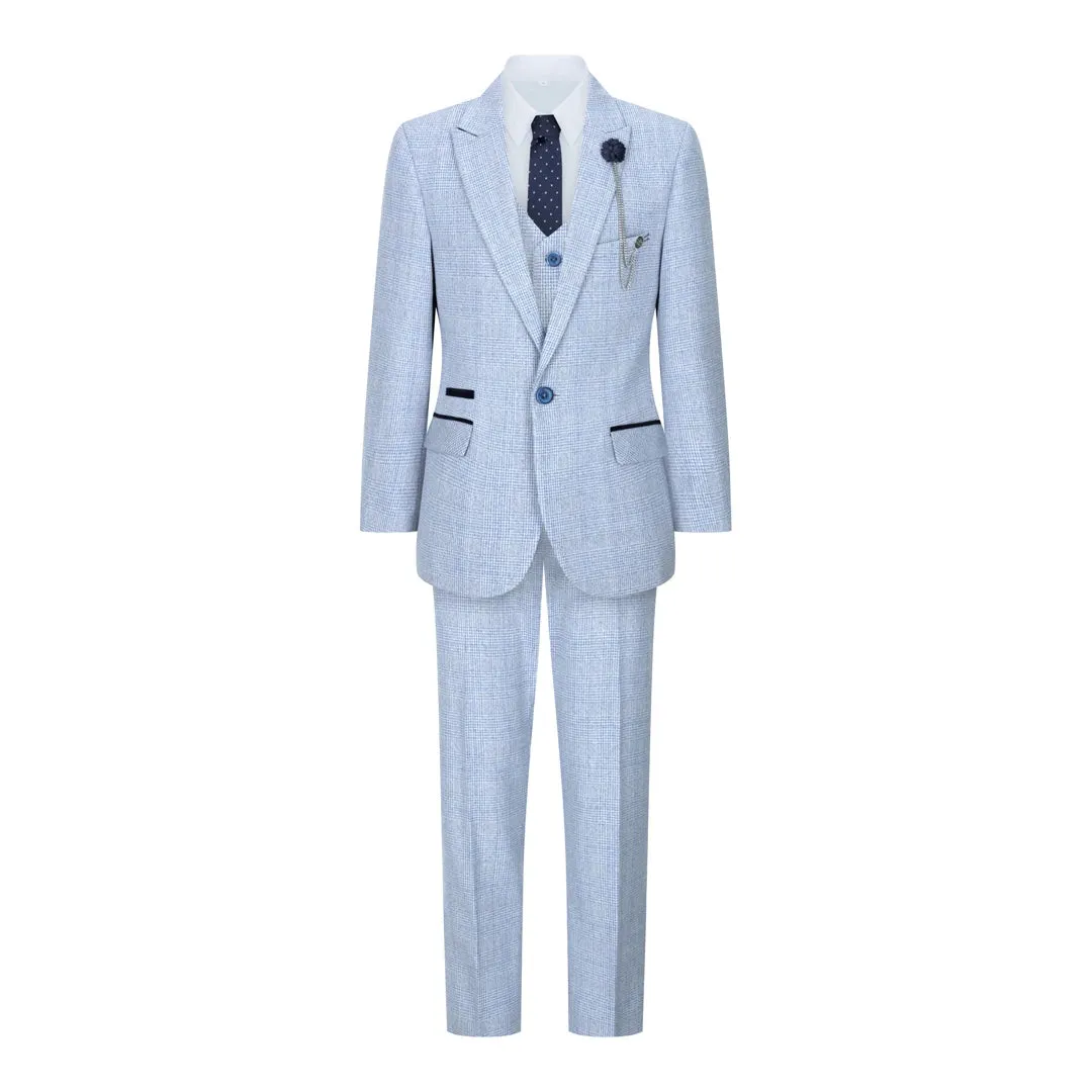 Caridi - Boys 3 Piece Check Suit Tweed Light Blue Wedding Peaky Classic