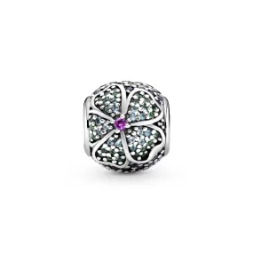 Floral silver charm with royal purple crystal, London blue crystal and green crystal