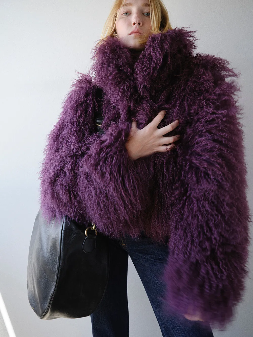 Shaggy Shearling Coat -- Plum