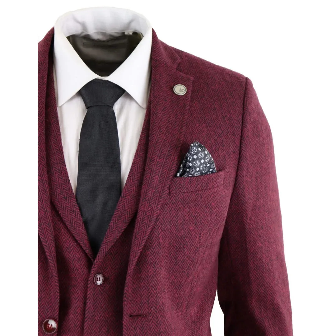 STZ11 - Men's Wool 3 Piece Suit Tweed Burgundy Black Classic