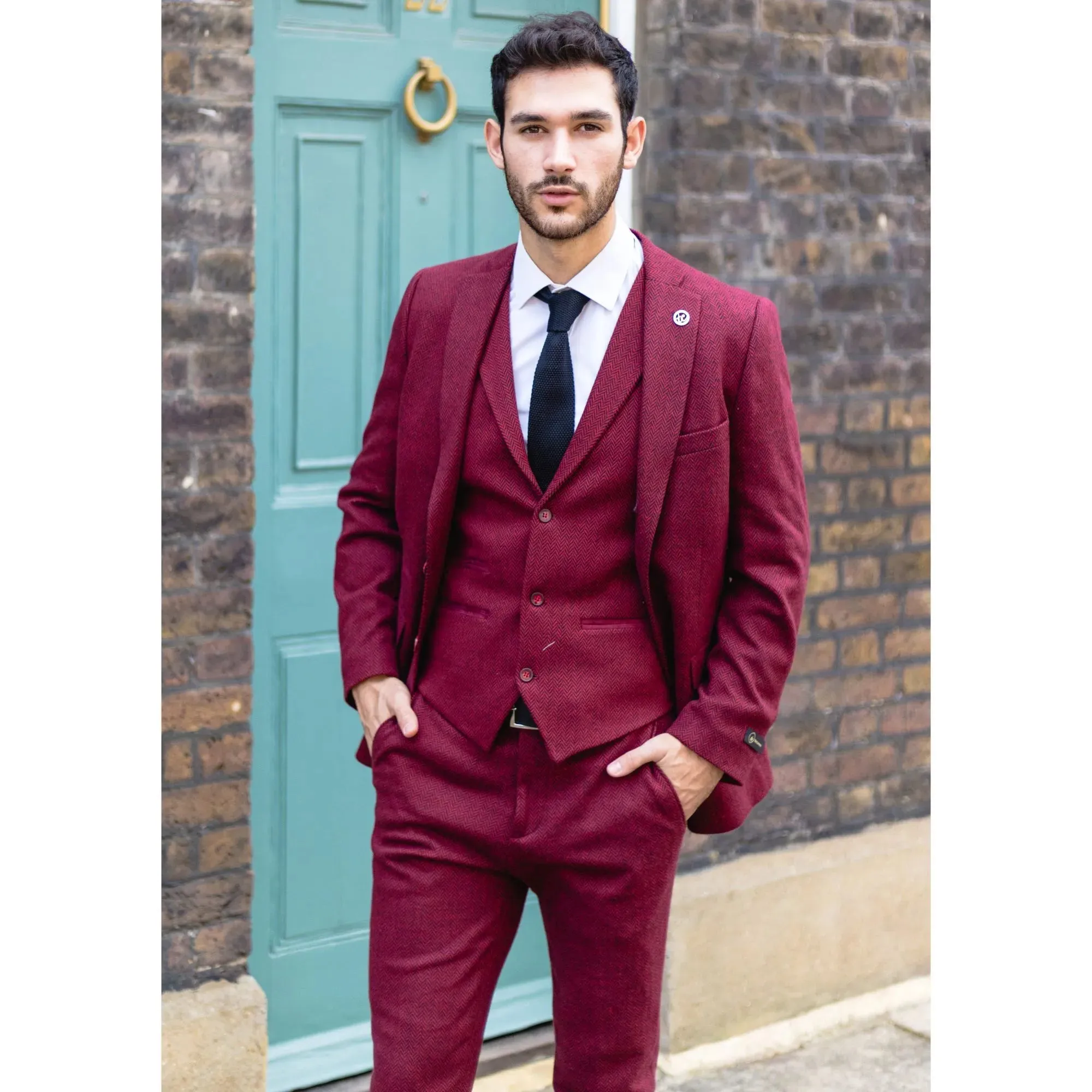 STZ11 - Men's Wool 3 Piece Suit Tweed Burgundy Black Classic