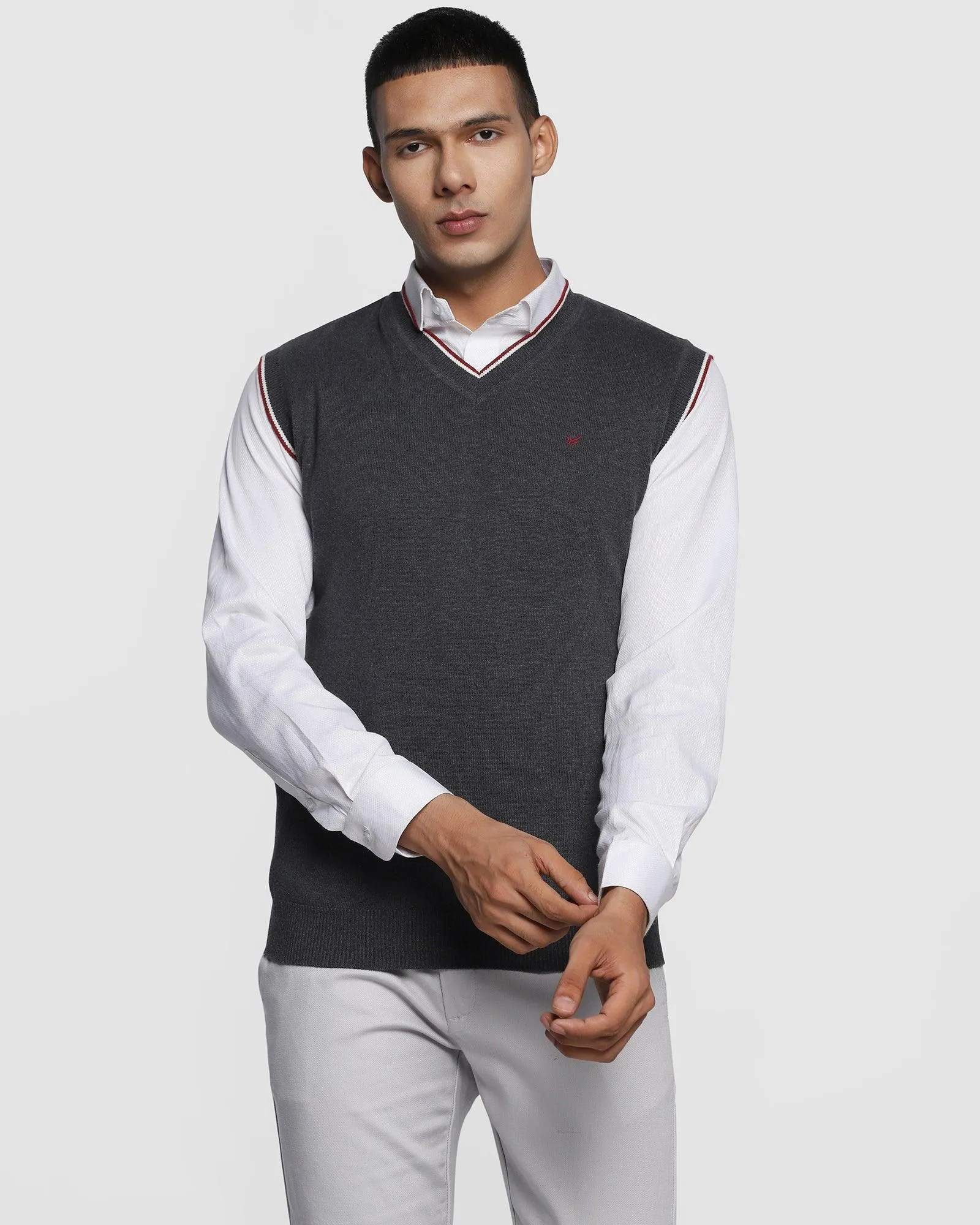 V-Neck Charcoal Melange Solid Sweater - Less